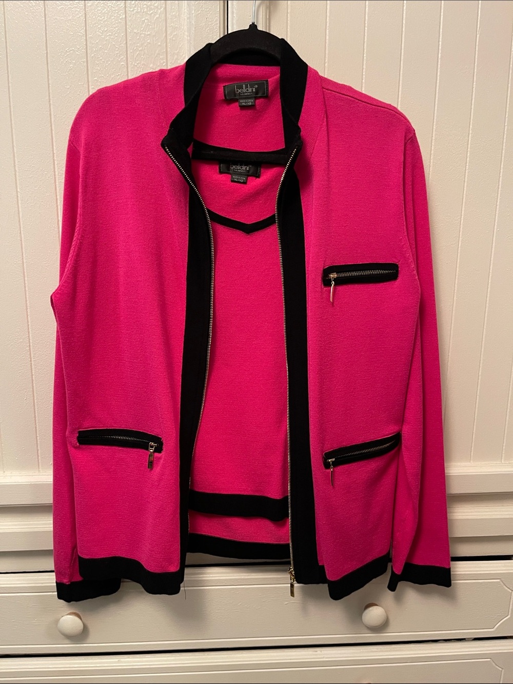 Belldini Hot Pink Knit Zip Jacket with Black Trim, faux pockets, 2 piece XL